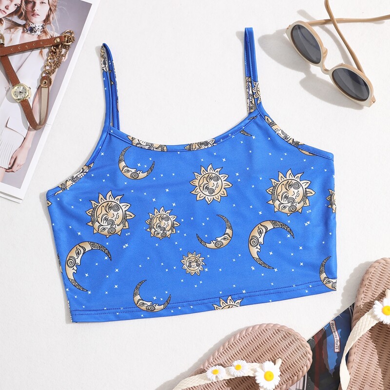 

Graphic Print Cami Crop Top, Blue