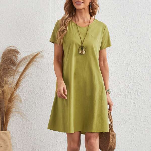 

Solid Slant Pocket Tunic Dress, Olive green