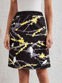 Bird & Tree Print Elastic Waist Skirt - Black - View 1