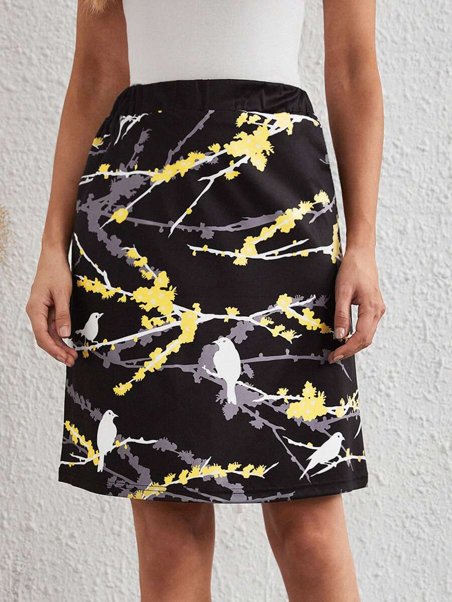 Bird & Tree Print Elastic Waist Skirt - Black - View 1