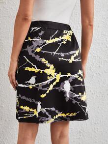 Bird & Tree Print Elastic Waist Skirt - Black - View 2