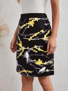 Bird & Tree Print Elastic Waist Skirt - Black - View 3