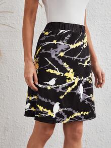 Bird & Tree Print Elastic Waist Skirt - Black - View 4