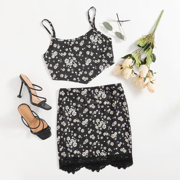 

Daisy Print Cami Top & Lace Hem Skirt Set, Multicolor