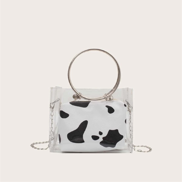 

Cow Print Ring Handle Satchel Bag, Black and white