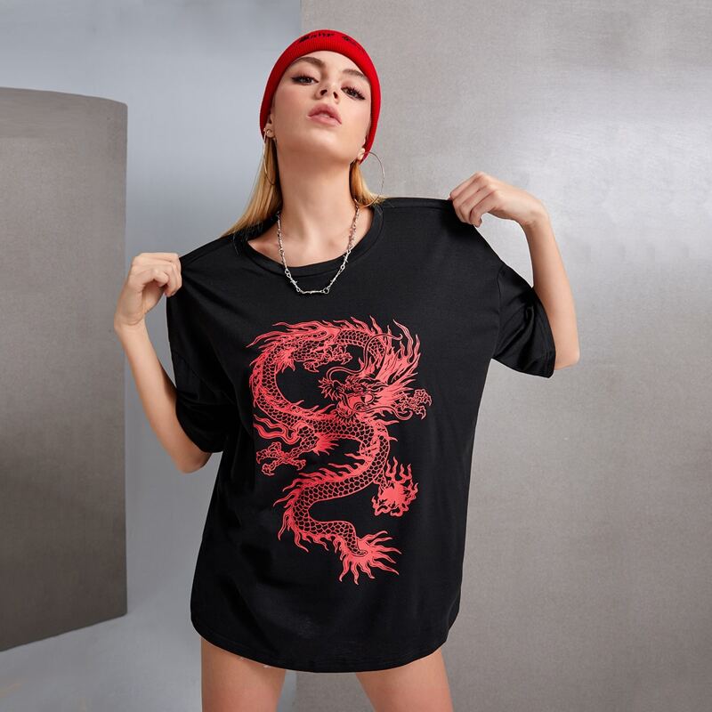 

Chinese Dragon Graphic Oversized Tee, Black