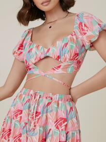 SHEIN 葉子圖案打結短版上衣和迷你半身裙套裝 - 彩色 - 查看 3