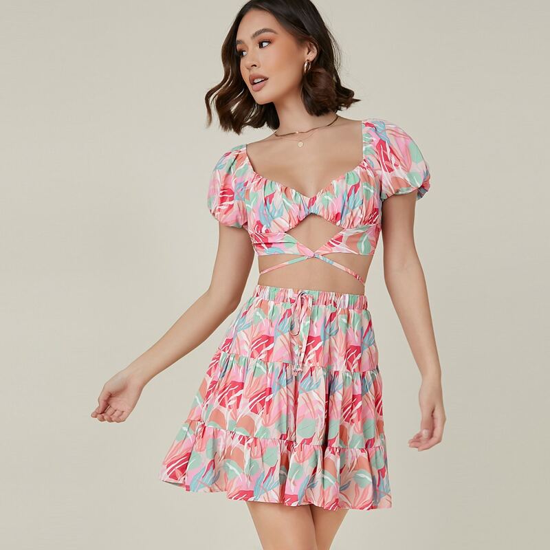 

Leaf Print Self-Tie Crop Top & Mini Skirt Set, Multicolor