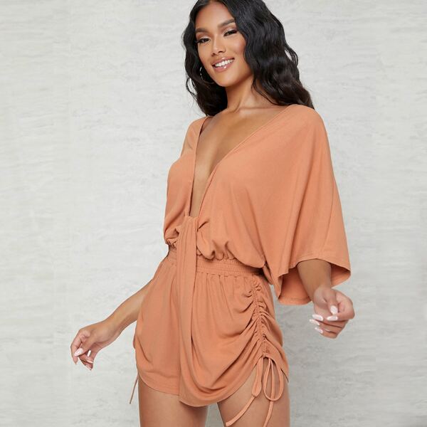

Ribbed Plunging Ruched Drawstring Romper, Coral orange
