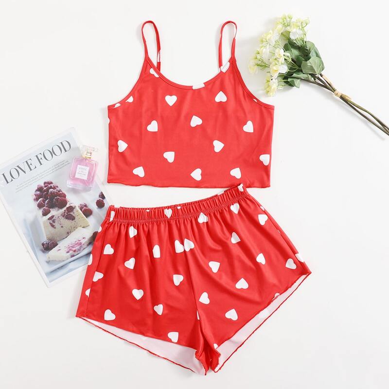 

Heart Print Cami Pajama Set, Red