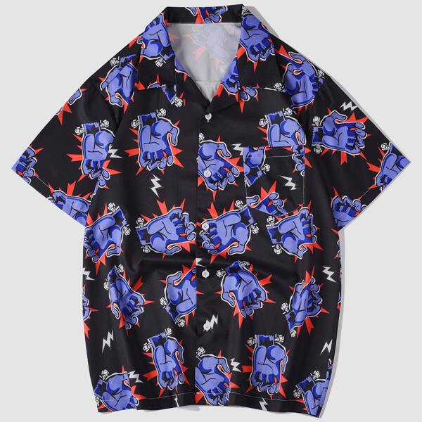 

Men Allover Hand Print Button Up Shirt, Black