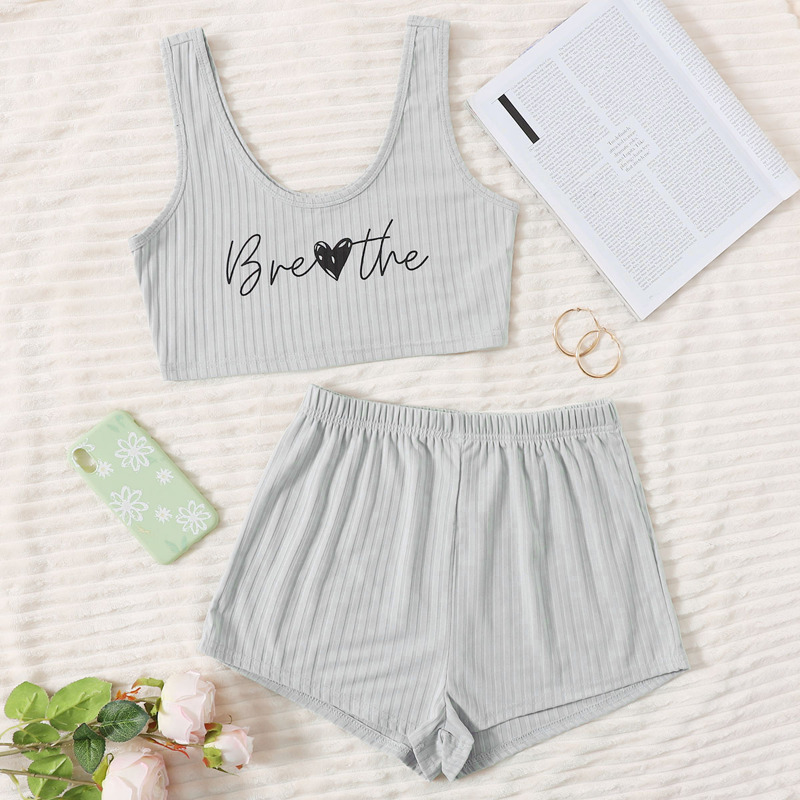 

Letter & Heart Print Pajama Set, Light grey