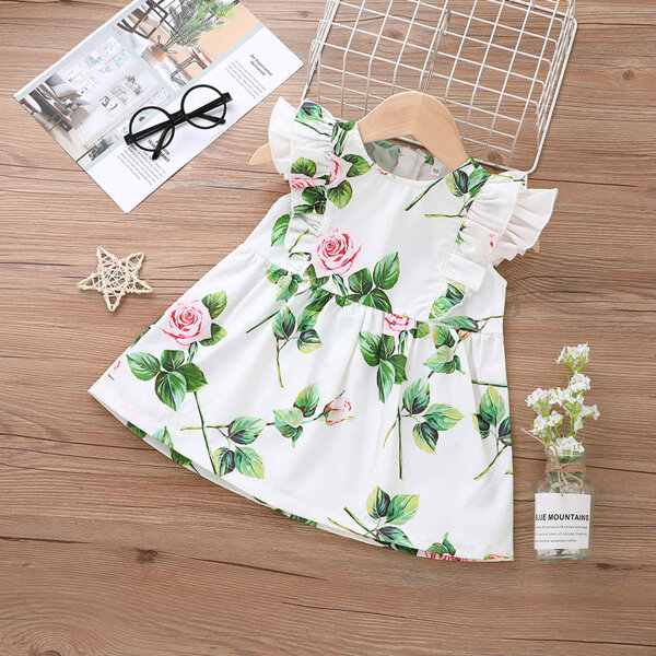 

Baby Girl Ruffle Trim Floral Print Dress, White