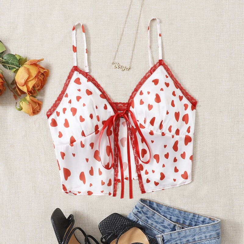 

Allover Heart Print Lace Trim Tie Front Cami Top, Red and white