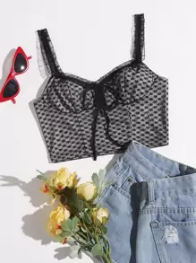 SHEIN 繫帶褶邊網紗吊帶上衣 - 黑色 - 查看 1