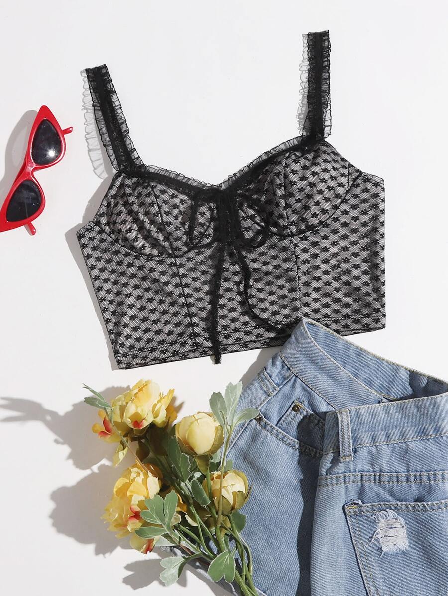 SHEIN 繫帶褶邊網紗吊帶上衣 - 黑色 - 查看 1