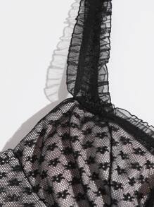 SHEIN 繫帶褶邊網紗吊帶上衣 - 黑色 - 查看 3