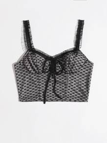 SHEIN 繫帶褶邊網紗吊帶上衣 - 黑色 - 查看 4