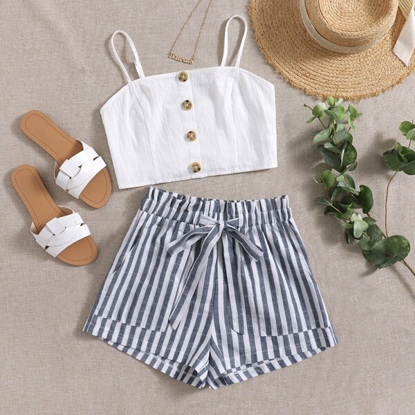 

Button Front Cami Top & Self Belted Striped Shorts Set, Blue and white