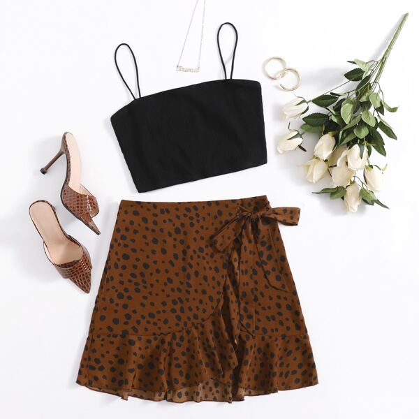 

Solid Cami Top & Wrap Tie Side Leopard Skirt Set, Multicolor
