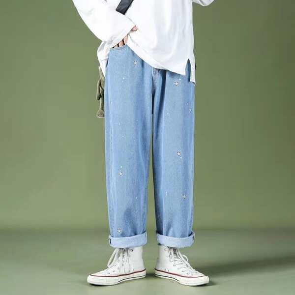 

Men Star Embroidery Wide Leg Jeans, Medium wash