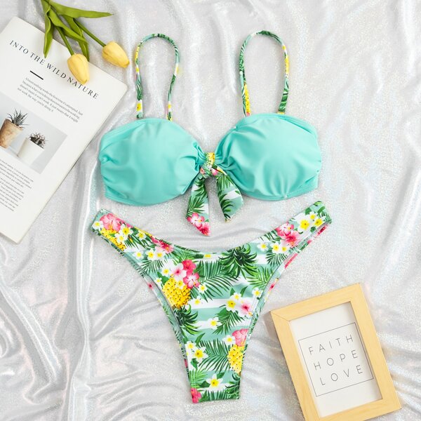 

Pineapple & Tropical Knot Front Bikini Swimsuit, Multicolor