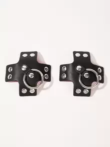 1pair Goth PU Studded Nipple Cover For Rave - Black - View 1