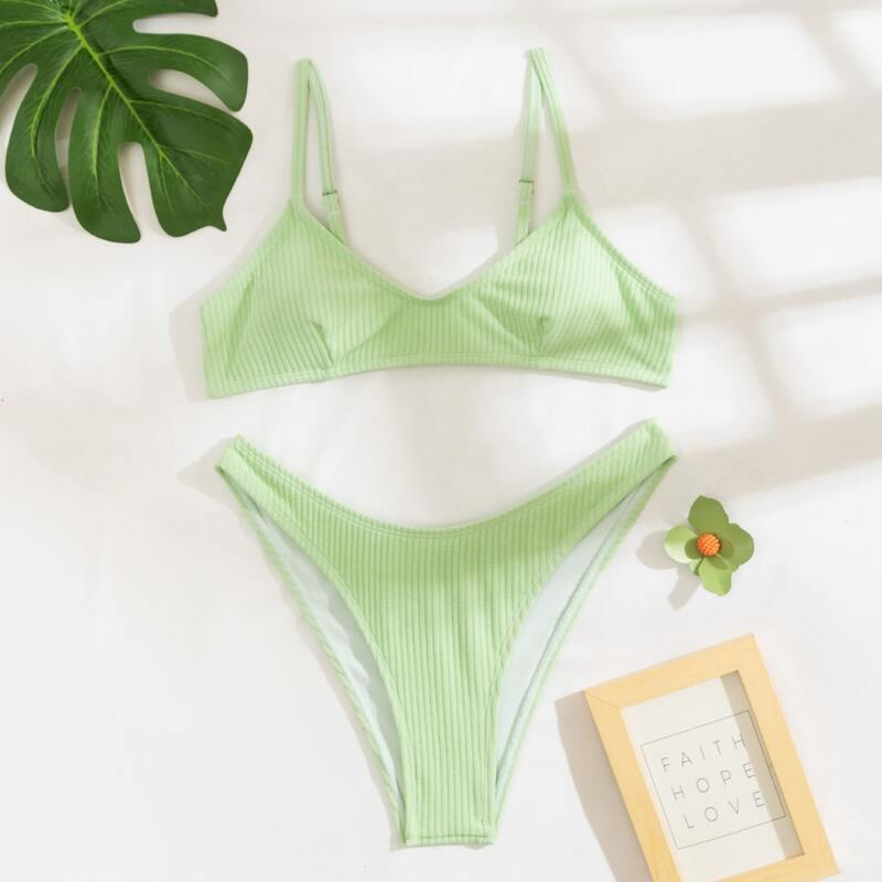 

Rib High Cut Bikini Swimsuit, Mint green