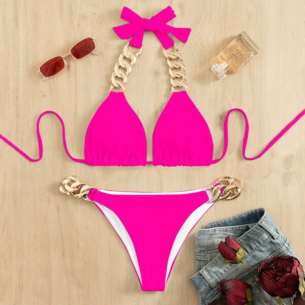 

Ring Linked Halter High Cut Bikini Swimsuit, Hot pink
