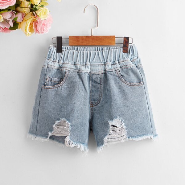 

Girls Ripped Raw Hem Denim Shorts, Light wash