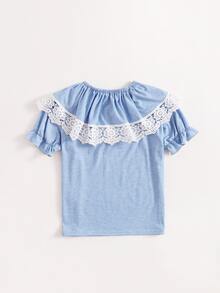 SHEIN 女孩荷葉邊袖拼接緹花蕾絲細節T恤 - 淺藍色 - 查看 2