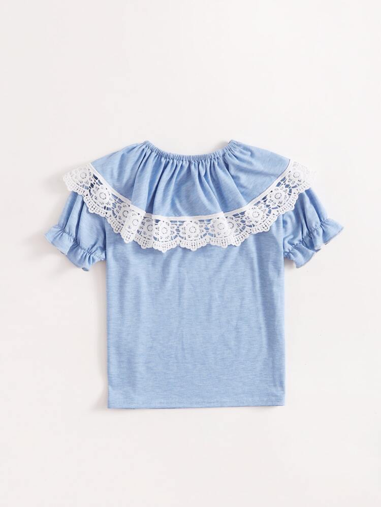SHEIN Girls Flounce Sleeve Contrast Guipure Lace Detail Tee - Baby Blue - View 2