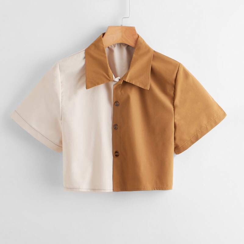 

Colorblock Button Front Crop Blouse, Multicolor