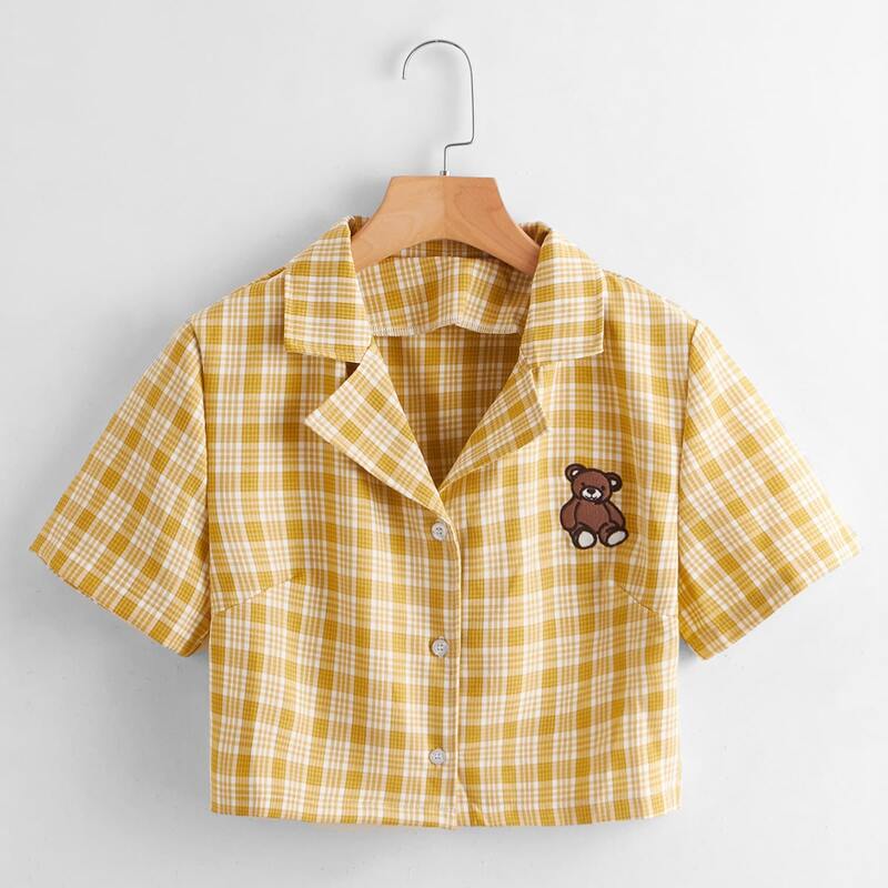 

Cartoon Bear Embroidery Plaid Button Front Shirt, Yellow