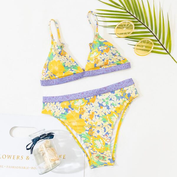 

Random Floral Contrast Binding Bikini Swimsuit, Multicolor