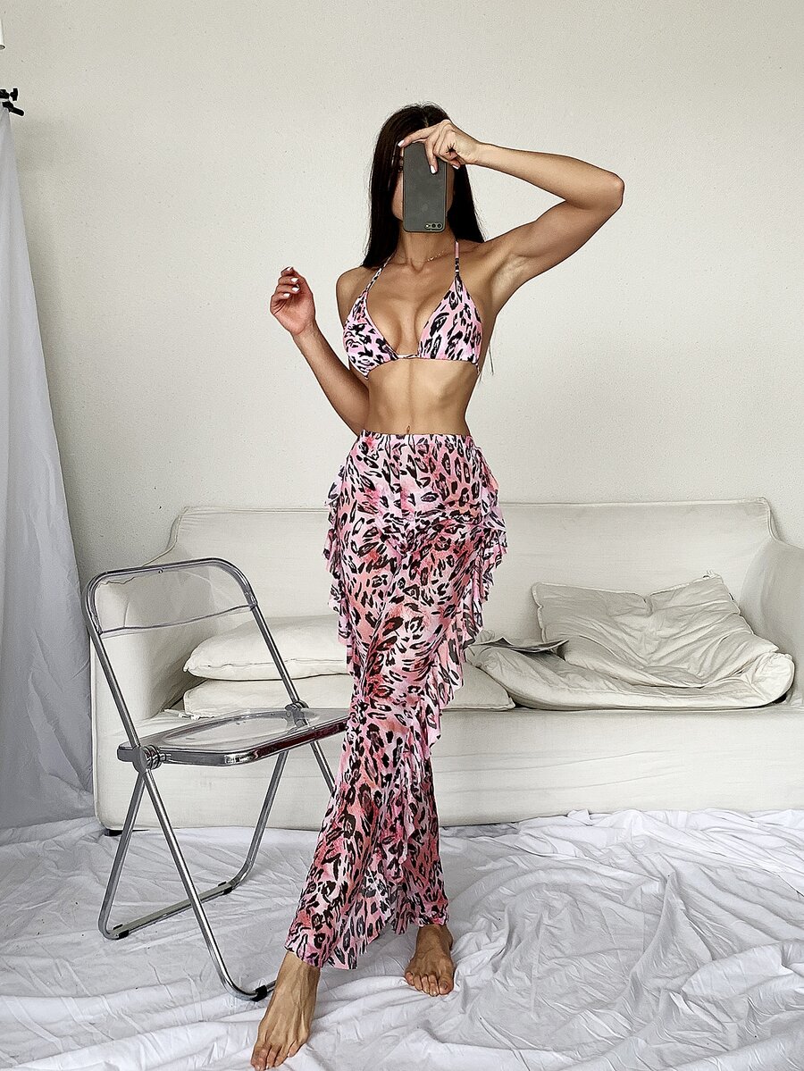 3packs Leopard Bikini Set & Cover Up Pants - Multicolor - View 1