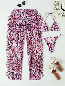 3packs Leopard Bikini Set & Cover Up Pants - Multicolor - View 5