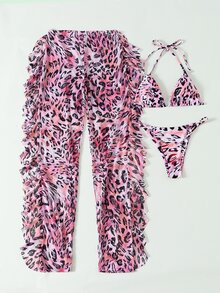 3packs Leopard Bikini Set & Cover Up Pants - Multicolor - View 6