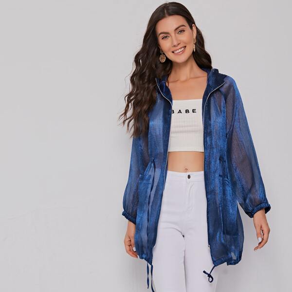 

Glitter Zipper Placket Patch Pocket Hooded Coat, Blue