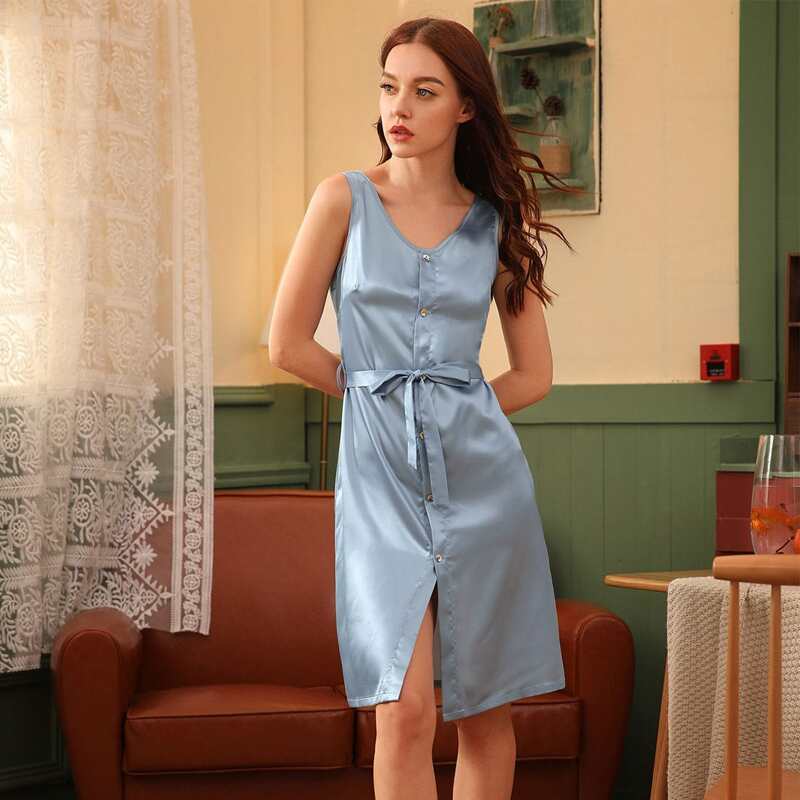 

Satin Button Up Belted Night Dress, Dusty blue