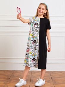 SHEIN 女孩卡通圖案T恤連衣裙 - 彩色 - 查看 1