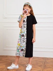 SHEIN 女孩卡通圖案T恤連衣裙 - 彩色 - 查看 3