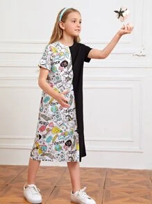 SHEIN 女孩卡通圖案T恤連衣裙 - 彩色 - 查看 4