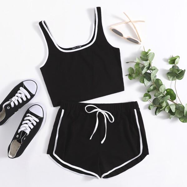 

Contrast Binding Tank Top & Tie Waist Track Shorts Set, Black