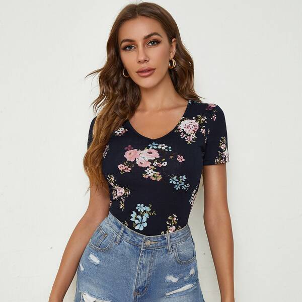

Floral Print Slim Tee, Navy blue