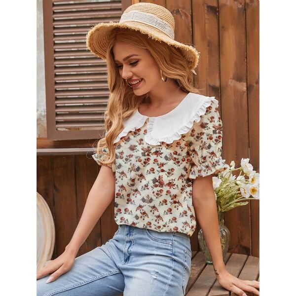

Floral Print Flounce Sleeve Peter-pan Collar Blouse, Multicolor