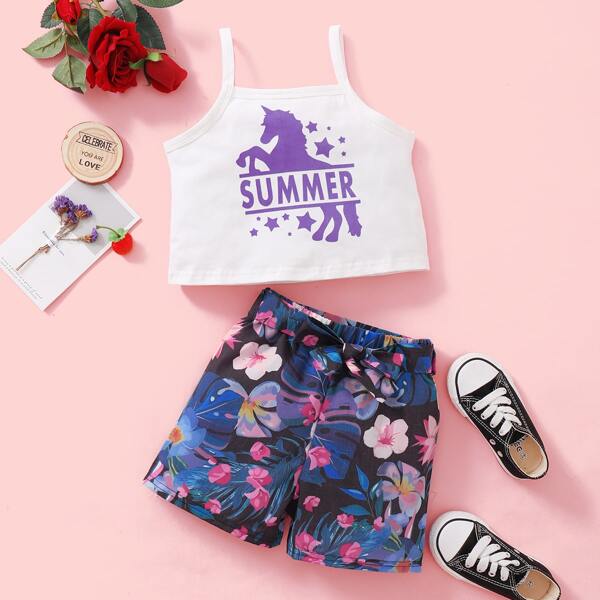 

Toddler Girls Cartoon Graphic Cami Top & Belted Floral Shorts, Multicolor