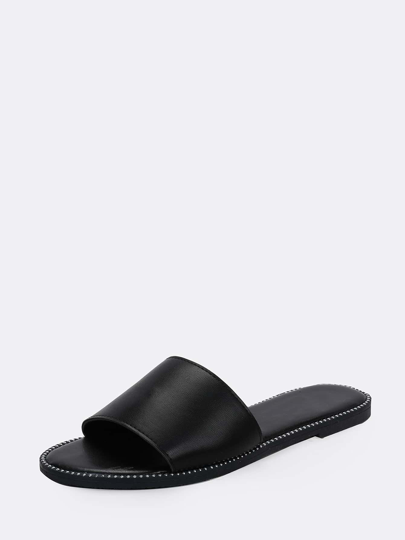 Women's Fashion Simple Black Studded Round Toe Flat Slide Sandals For Christmas Valentine's Day Summer Shoes