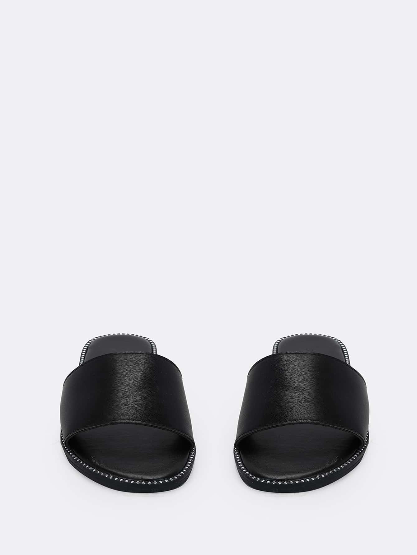 Women's Fashion Simple Black Studded Round Toe Flat Slide Sandals For Christmas Valentine's Day Summer Shoes