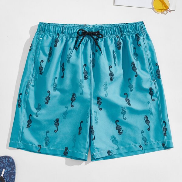 

Men Hippocampus Print Swim Trunks, Blue